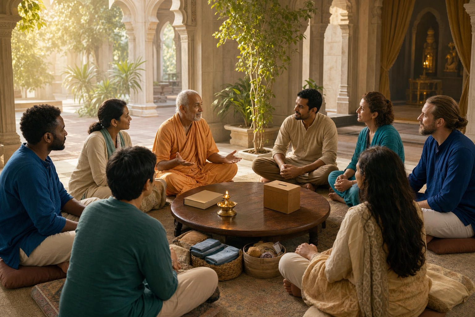An elderly spiritual teacher and a diverse group of volunteers sit in a circle around a lamp, closed book, donation box, and service materials in a community hall.