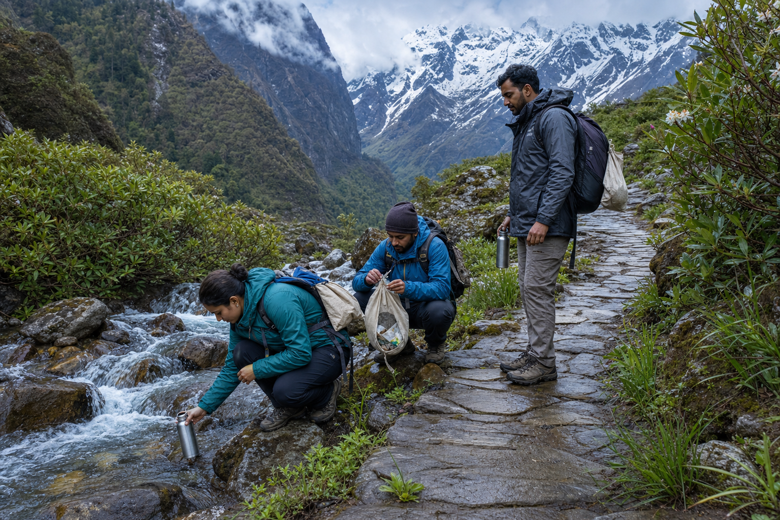 Pilgrims refill reusable bottles and carry collected litter while staying on a marked stone trail beside a Himalayan stream.