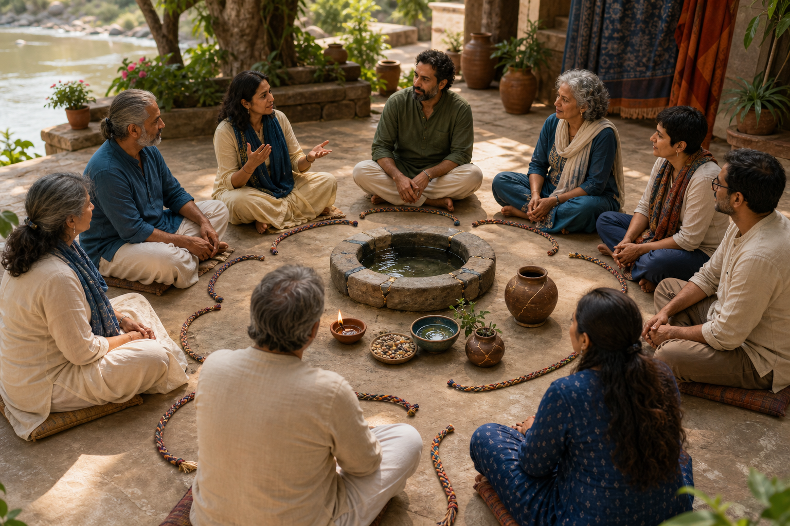 Adults sit in an equal circle around a repaired water basin while a loose braided cord, a lamp, seeds, and pottery rest in the courtyard.