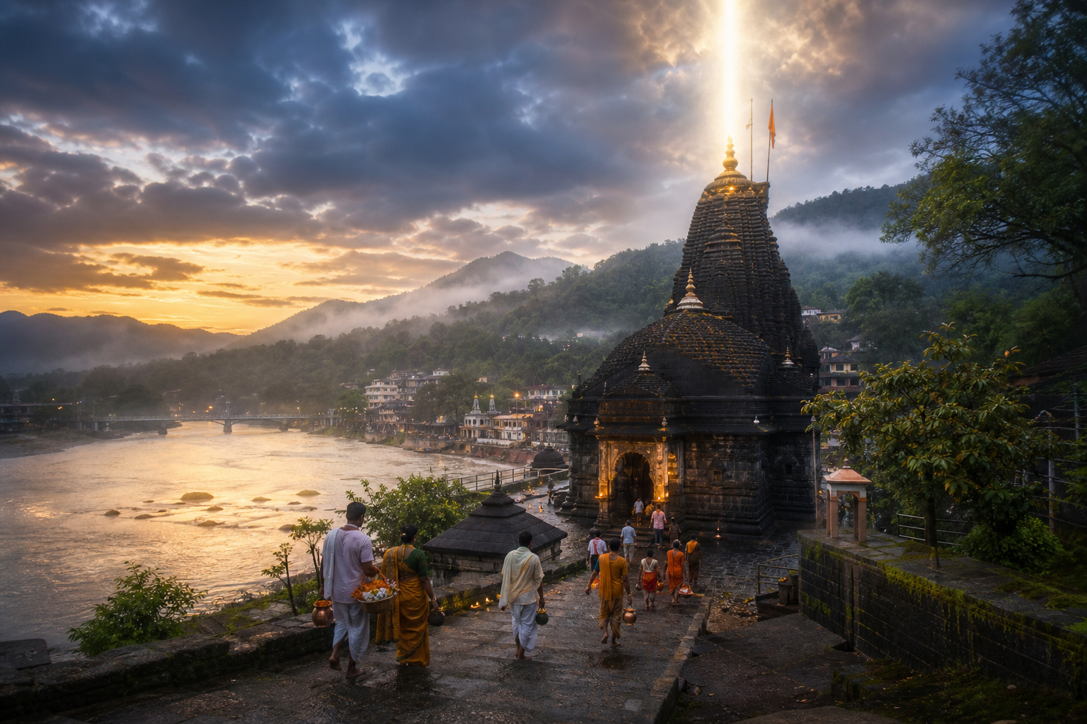 Pilgrims carrying offerings approach a riverside Shiva temple at dawn as a column of light rises above the sanctum and wooded hills surround the pilgrimage town.
