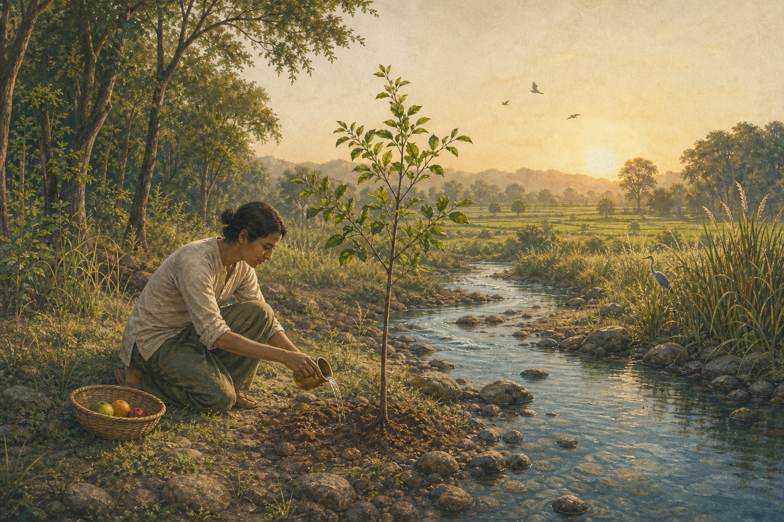 A person beside a forest stream pours water near a young tree, with a small basket of fruit and a healthy watershed surrounding them.