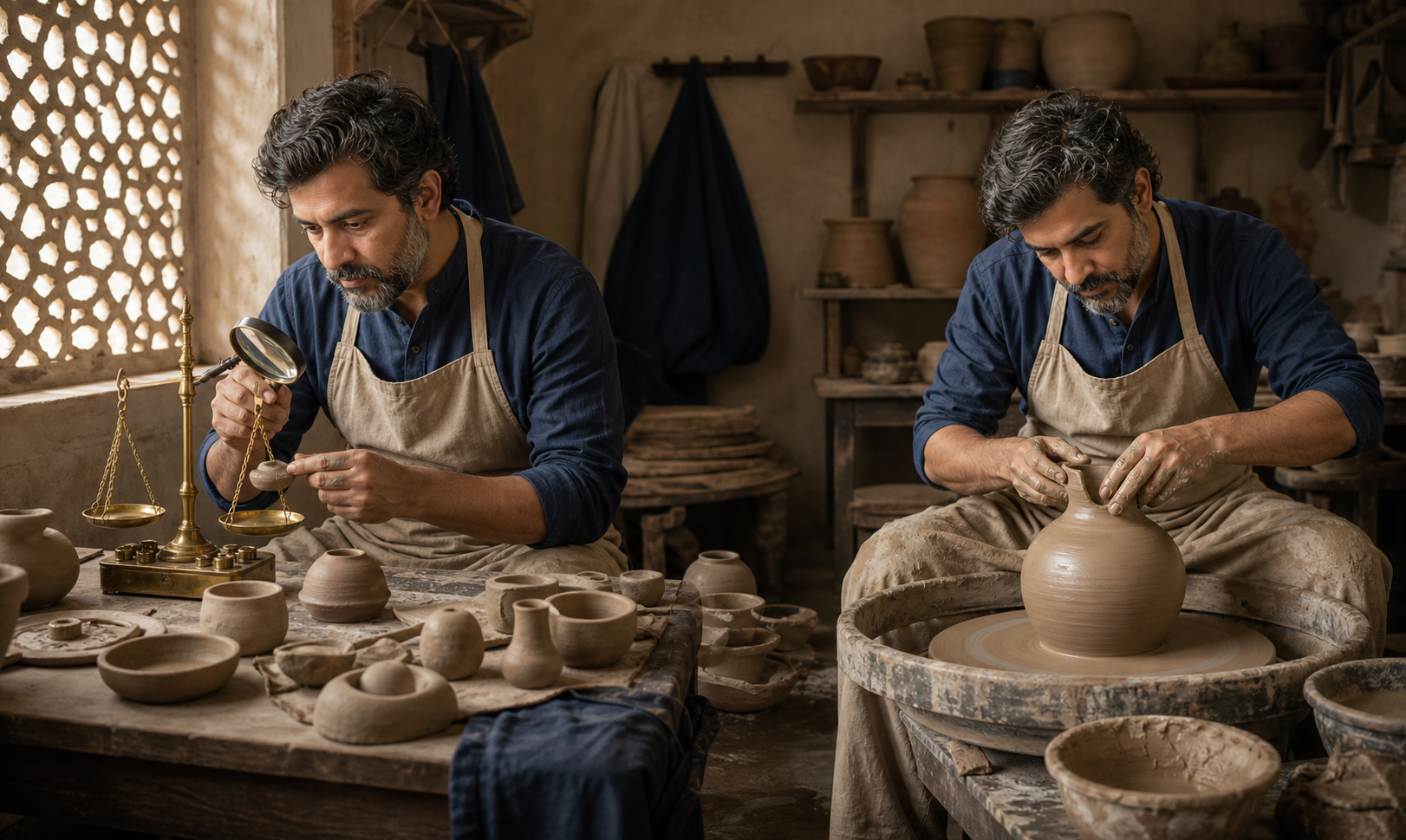 A person examines clay objects with a balance and magnifying lens before shaping clay into a vessel in the same room.