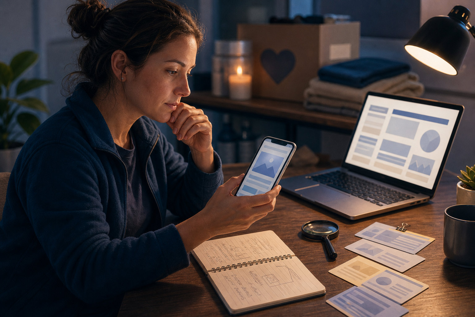 A volunteer checks an unreadable phone message against several sources before sharing it, with relief supplies arranged nearby.