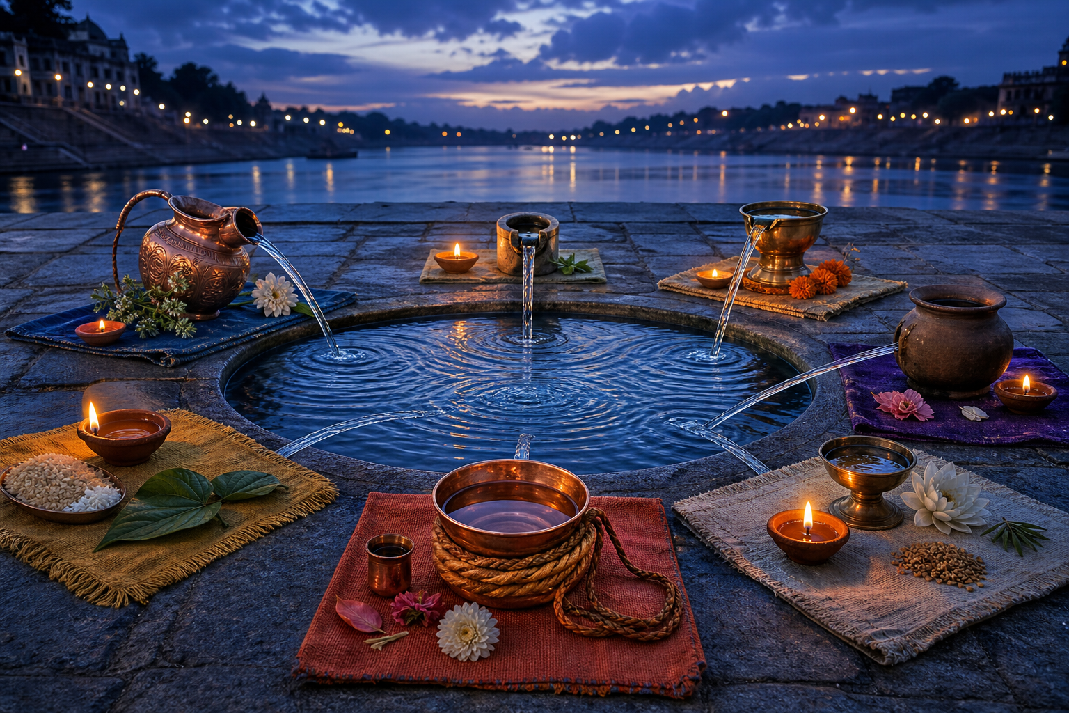Distinct ritual vessels, flowers, grains, leaves, lamps, and a braided cord surround a shared river pool fed by separate streams.