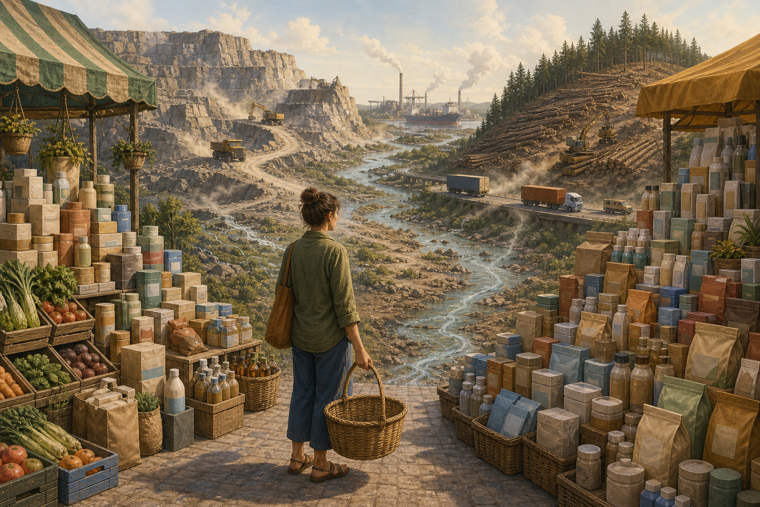 A shopper pauses with an empty basket at a market while a quarry, logged hillside, trucks, and a reduced river appear behind the goods.