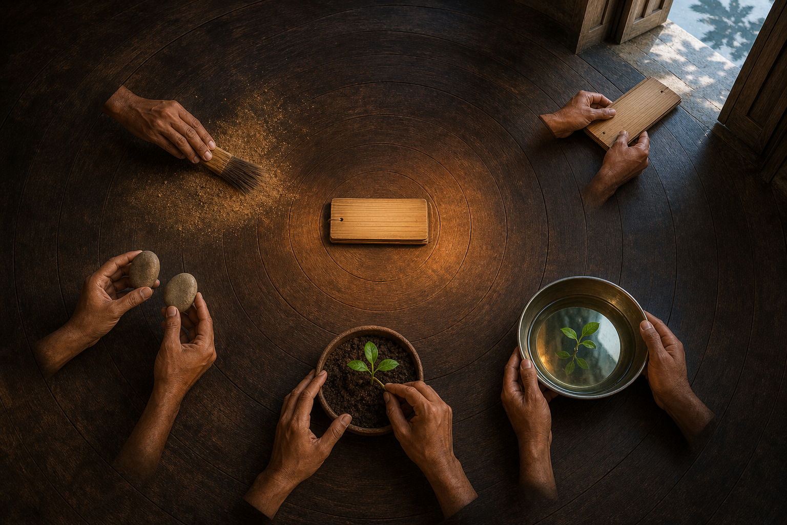 Hands examine an unmarked palm-leaf folio through five surrounding actions involving dust, stones, a seedling, a reflective bowl, and an open doorway.