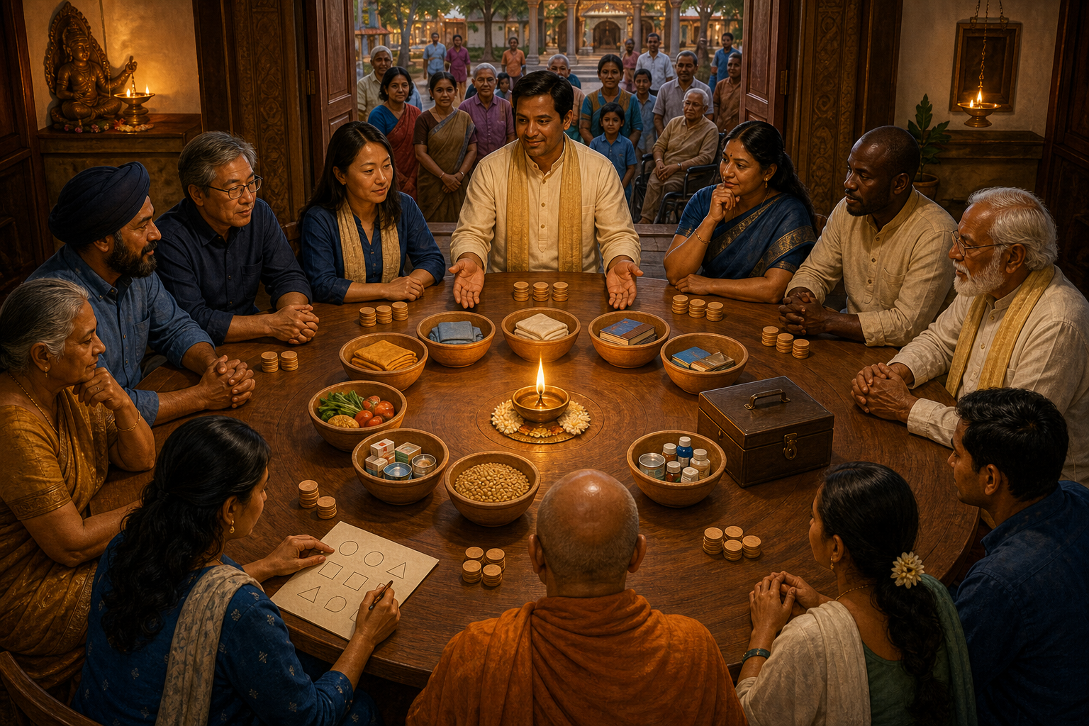 A diverse committee examines bowls, wooden counters, a cash box, and service supplies around a lamp-lit circular table.