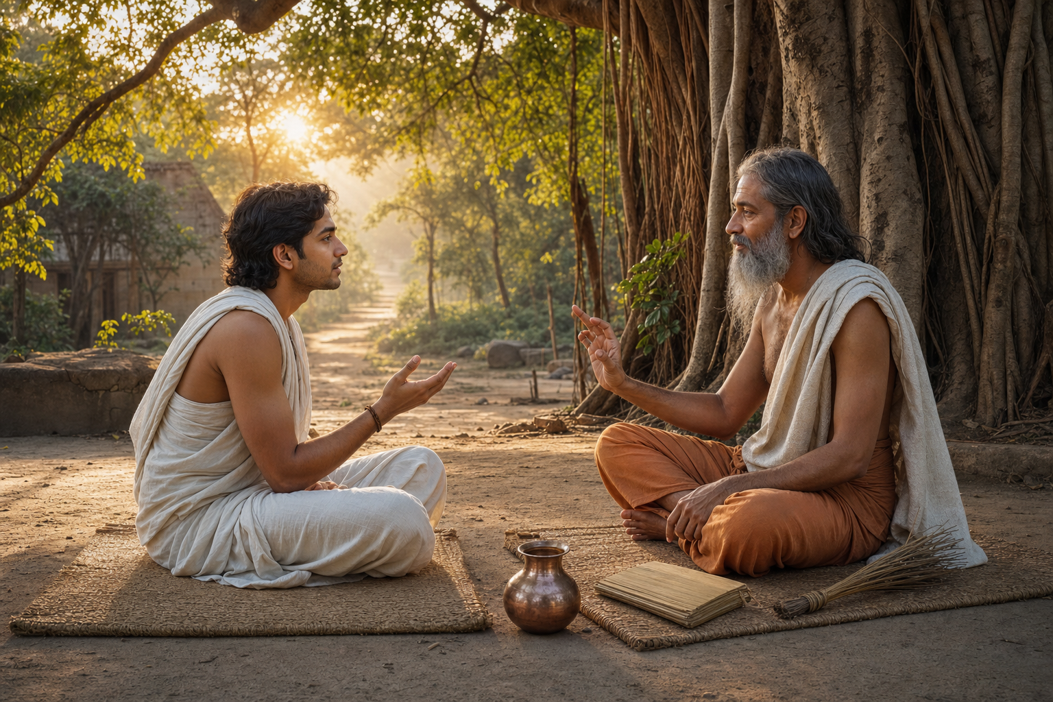 A teacher and student sit at eye level beneath a banyan tree, engaged in respectful conversation beside simple objects used for study and service.