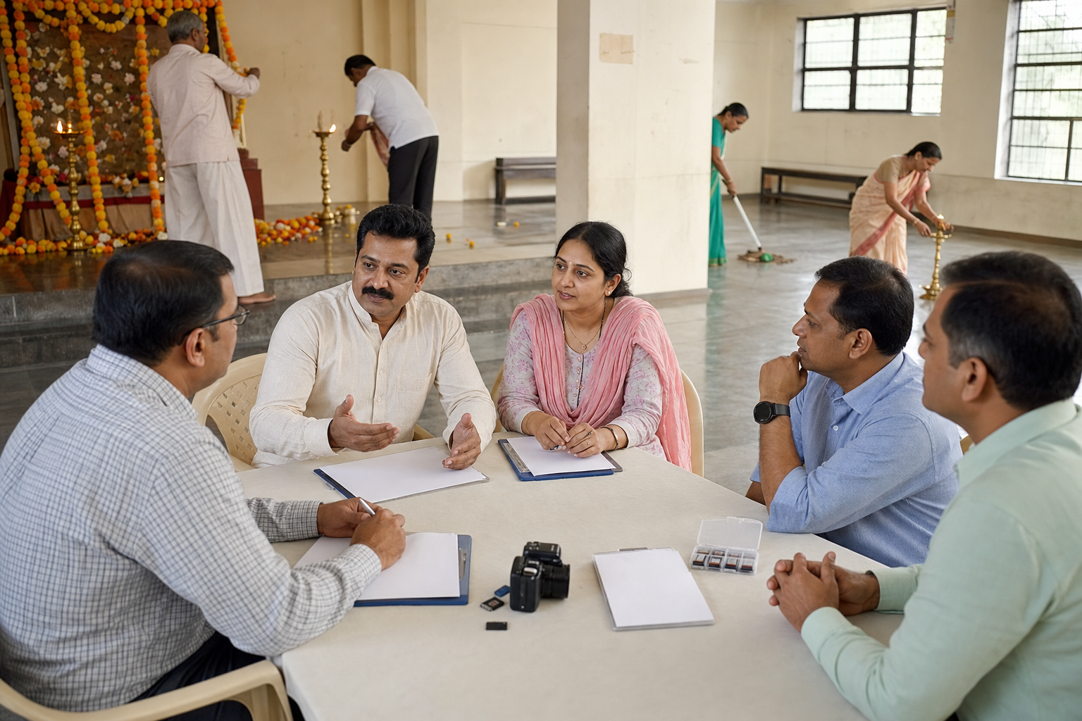 Organisers, devotees, and a civic official calmly review blank documents and recording equipment after a spiritual community event.
