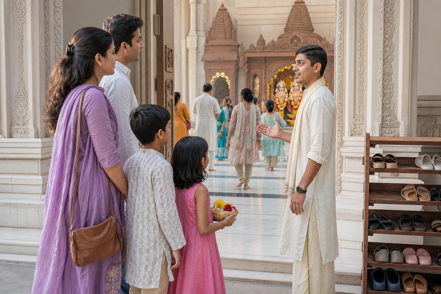 A temple volunteer welcomes a family beside a footwear rack and gestures toward the prayer hall as they hold a flower offering.