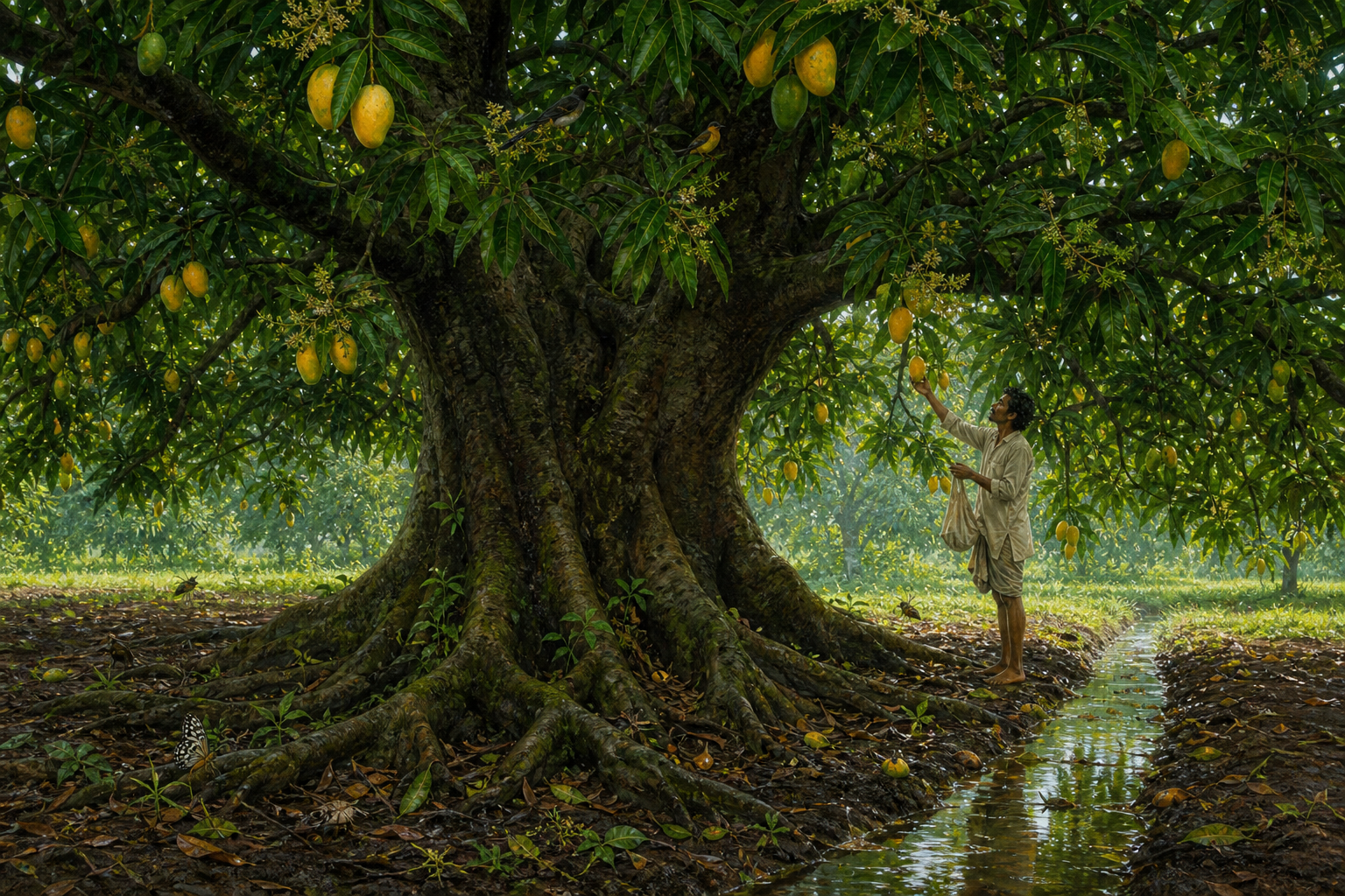 A person picks one mango from a fruit-laden tree while birds, blossoms, roots, and an irrigation channel remain undisturbed around it.
