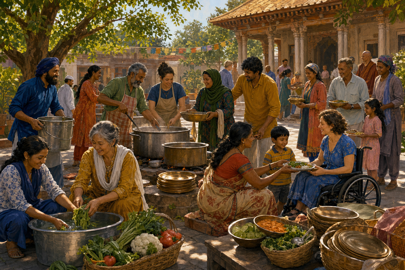 People of varied ages, backgrounds, and abilities cooperate in a courtyard to prepare and distribute a communal meal.