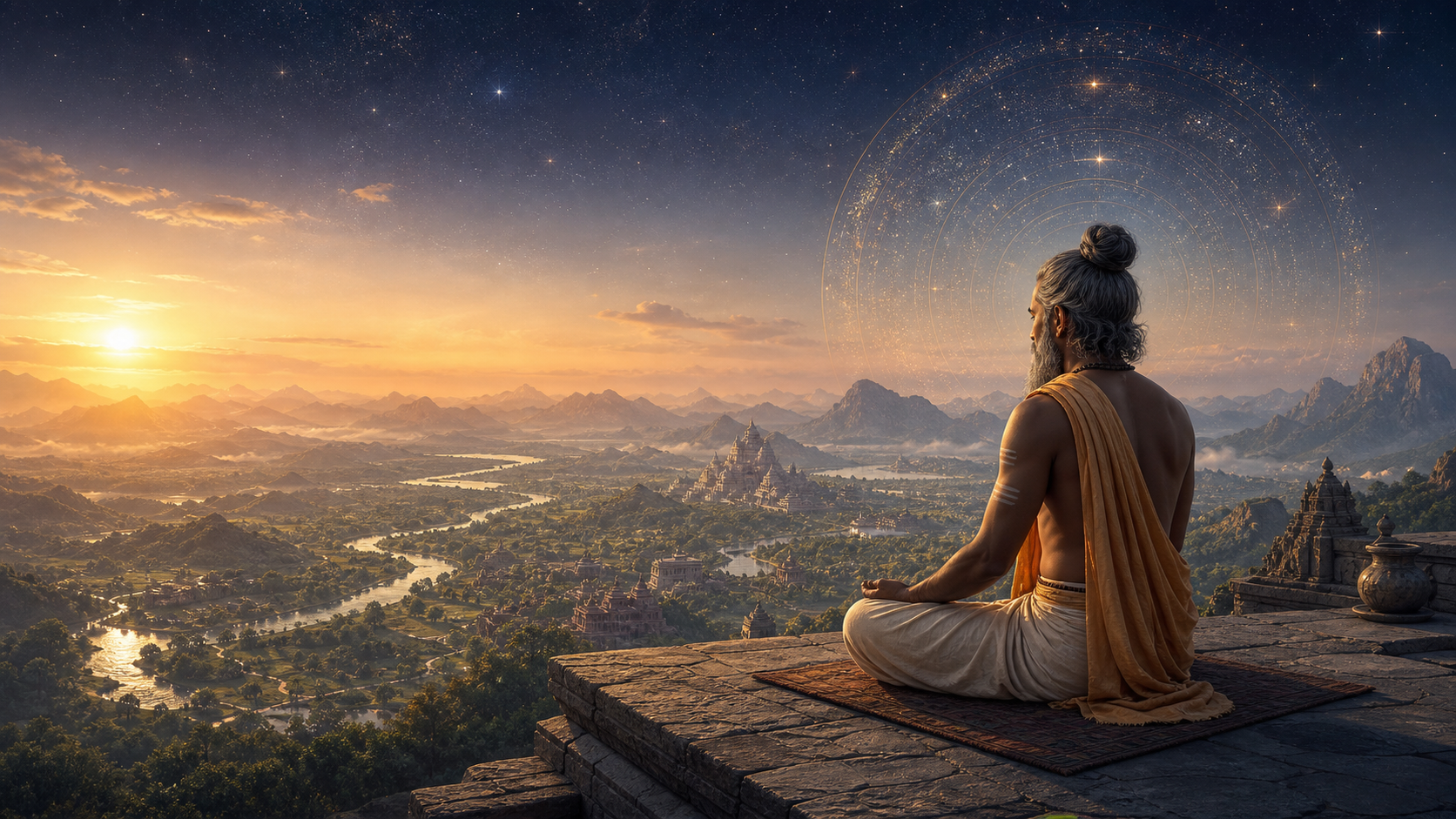 An ochre-robed ascetic meditates above a landscape of rivers, mountains, forests, villages, and temples beneath a luminous cosmic sky.