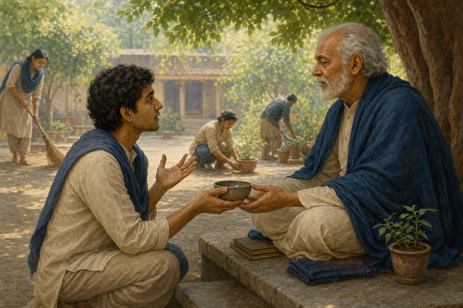 A student offers water to a seated teacher while asking a question, as other students care for the courtyard in the background.