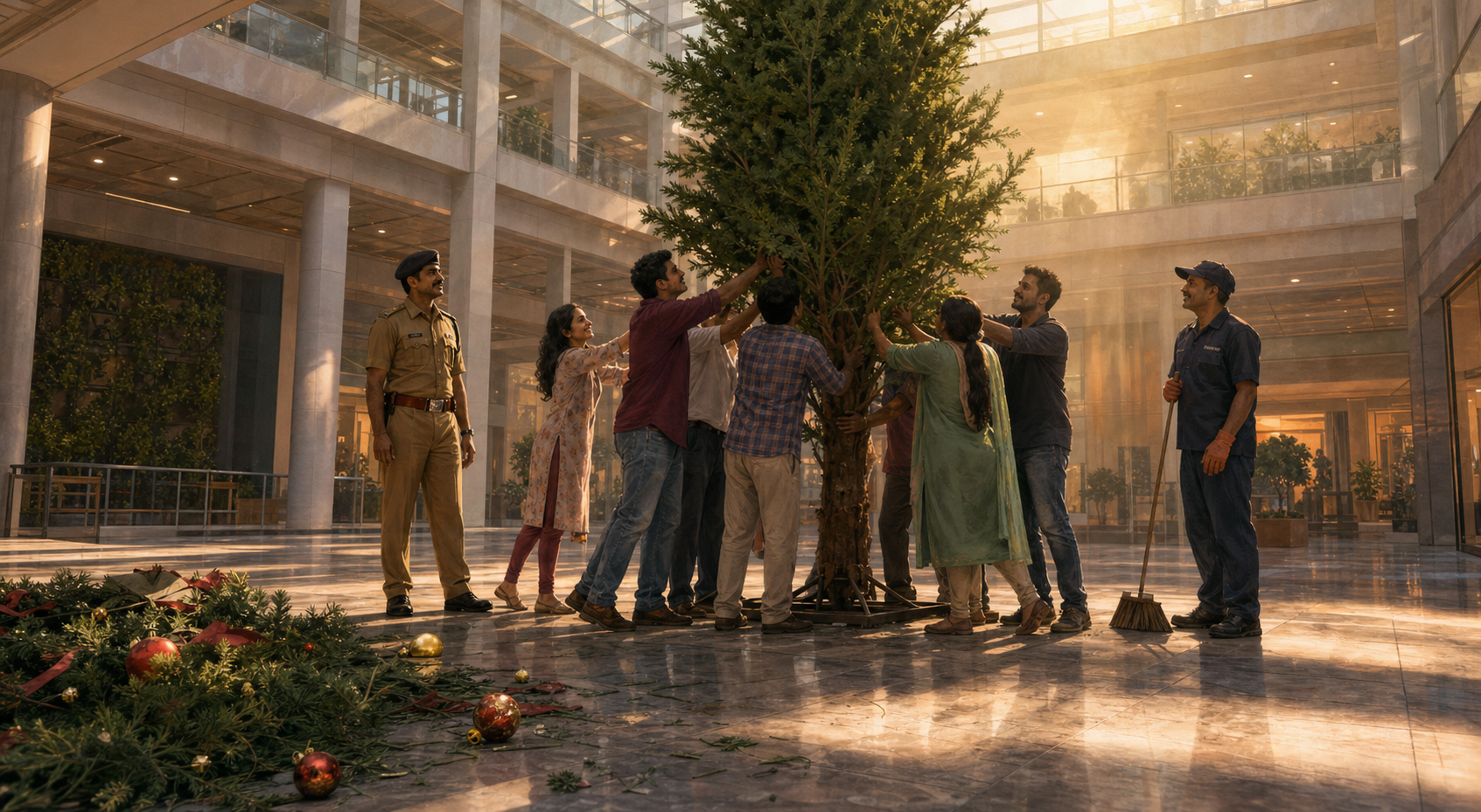 Indian residents work together to restore Christmas decorations in a shopping atrium as a police officer and maintenance worker stand nearby.