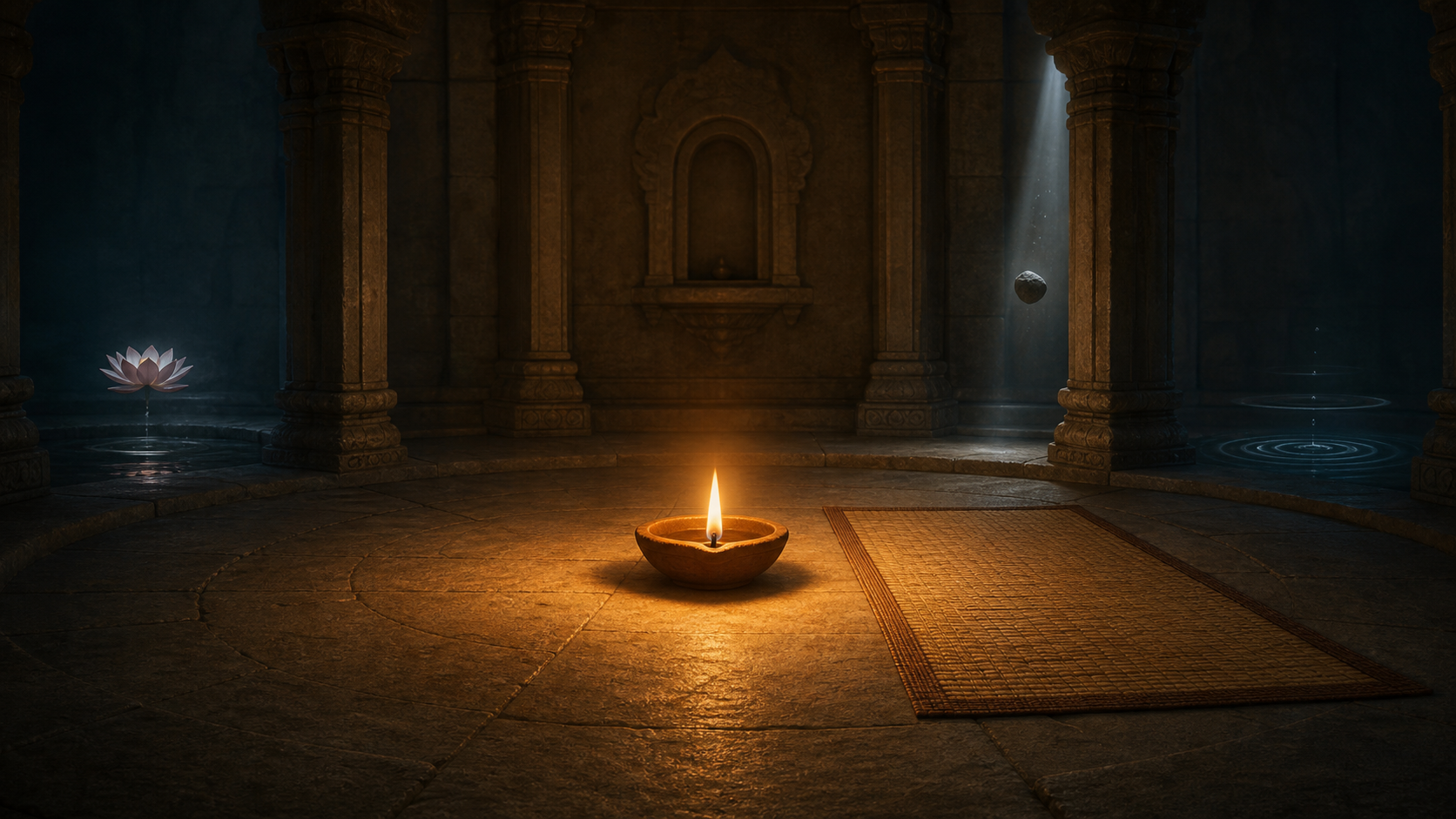 A steady oil lamp and an empty meditation mat sit at the center of a stone hall while a floating lotus and suspended stone appear faintly at the edges.