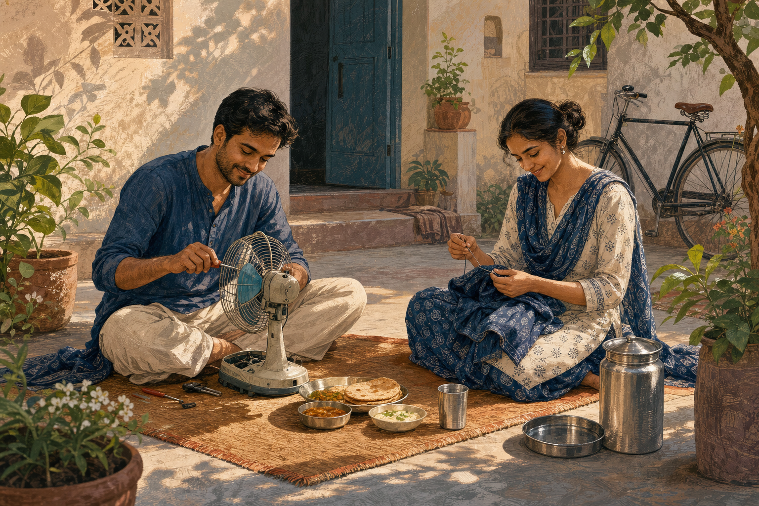 Two people in a quiet courtyard repair a fan and mend clothing beside plants, a bicycle, water, and a simple meal.