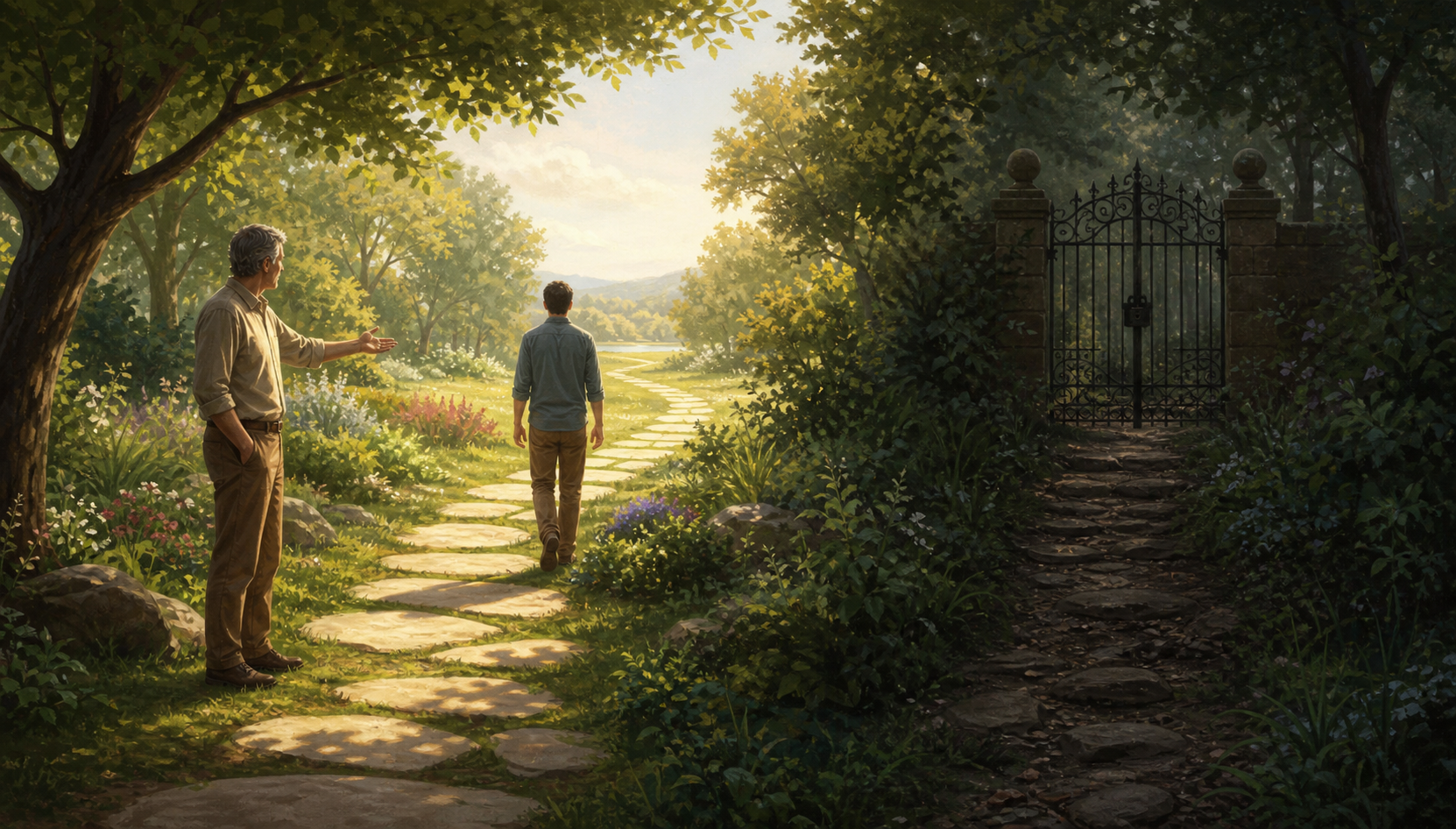 A teacher gestures toward an open garden path while a student walks independently toward a sunlit clearing, with a closed side path nearby.