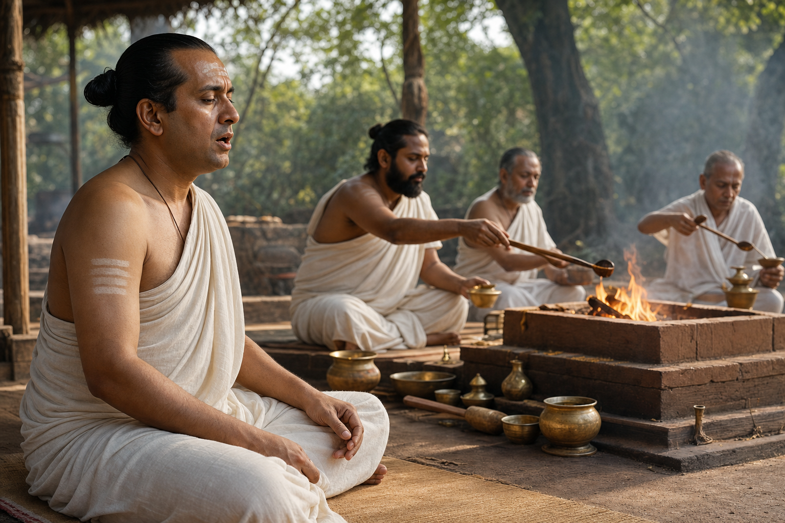 A focused priest recites while other priests handle ritual implements around a fire altar.