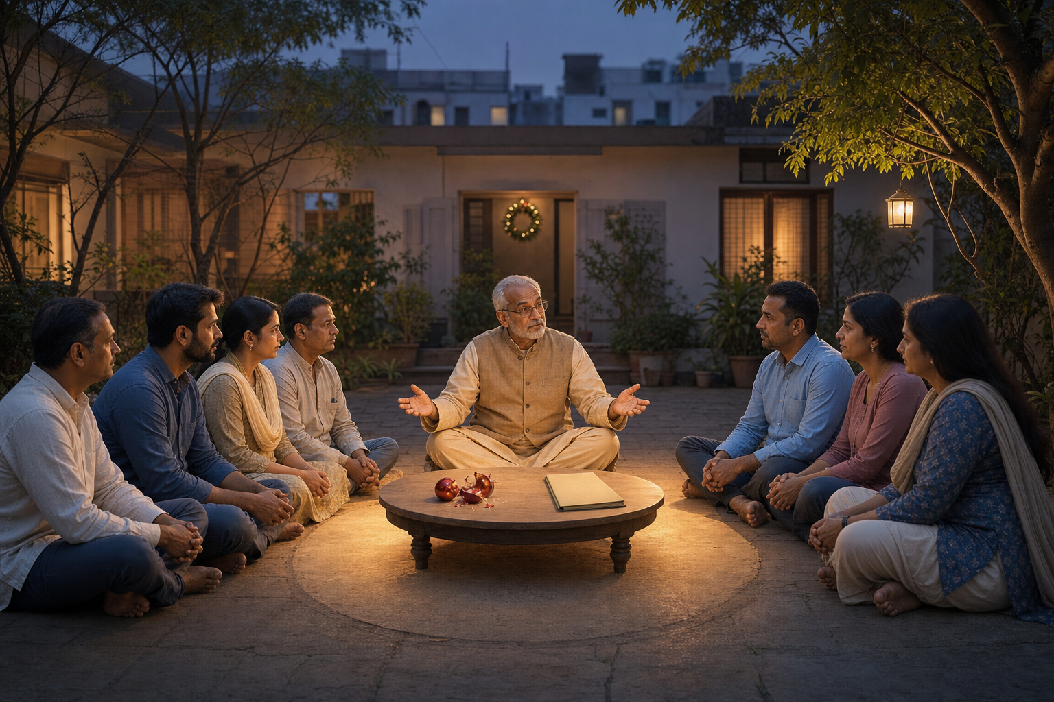 A community mediator guides Indian residents in a calm discussion beside a broken ornament and a blank official folder.