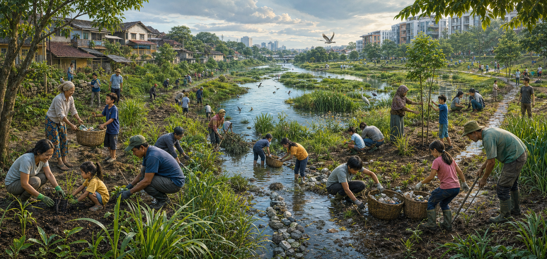 People of different ages restore a shared stream by planting grasses and trees, collecting litter, and shaping rainwater channels.