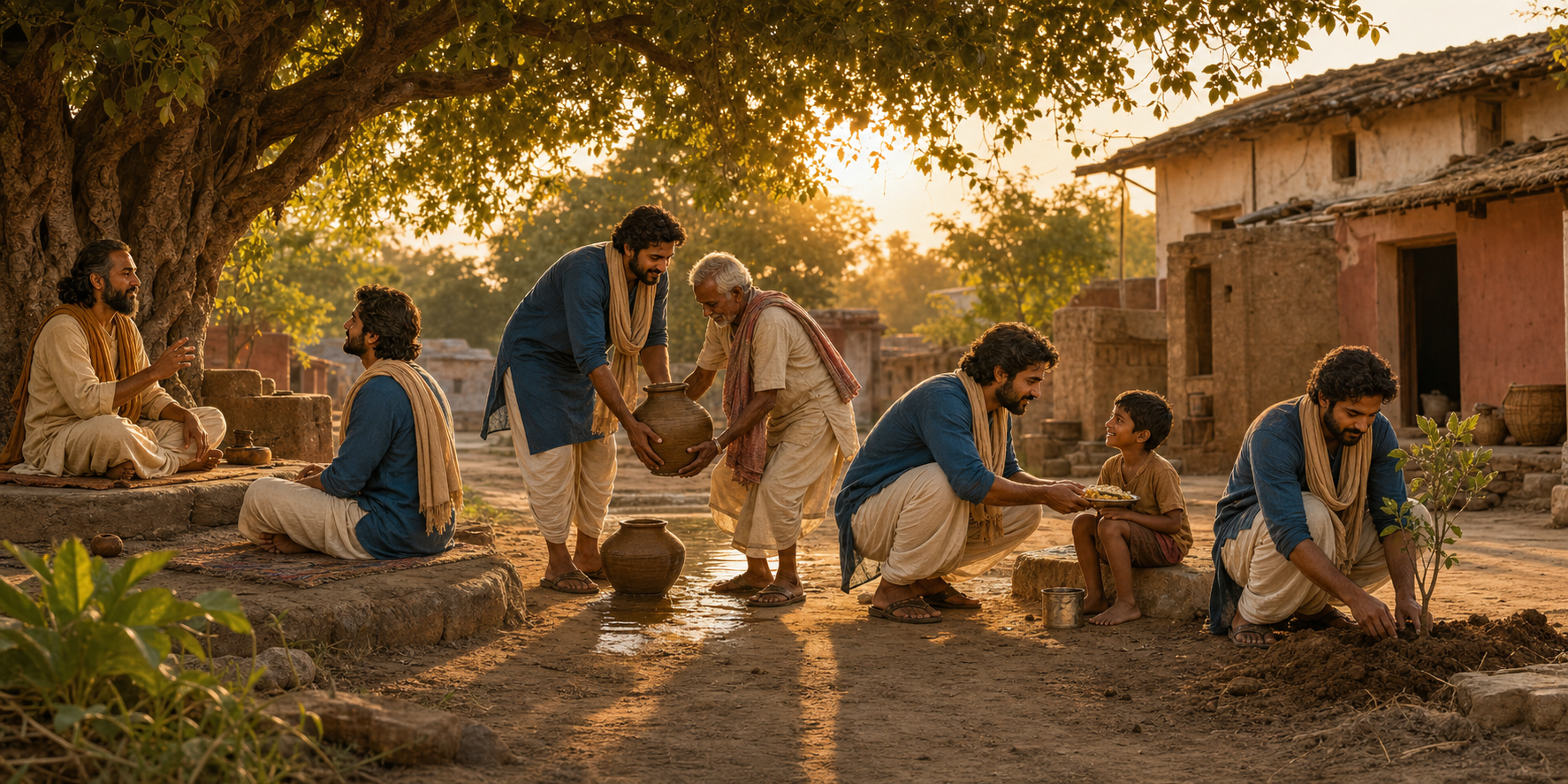 A continuous courtyard scene shows a student first listening to a teacher and then helping neighbors, sharing food, and caring for a sapling.