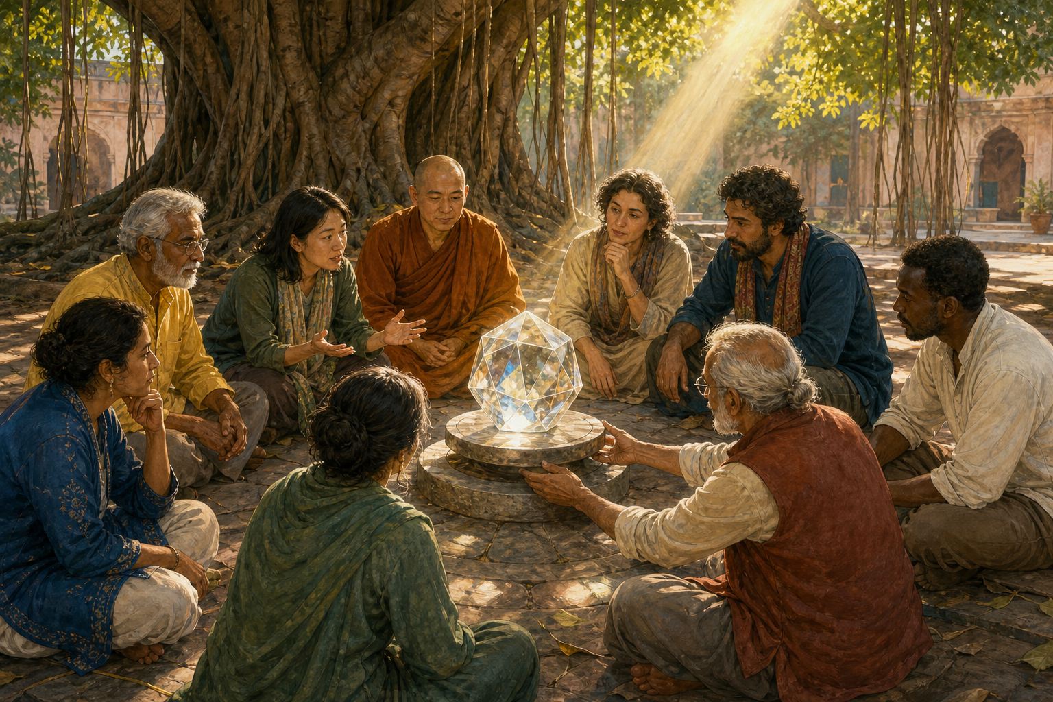 Four practitioners study, meditate, make an offering, and carry food along separate paths that converge at a radiant hilltop sanctuary.