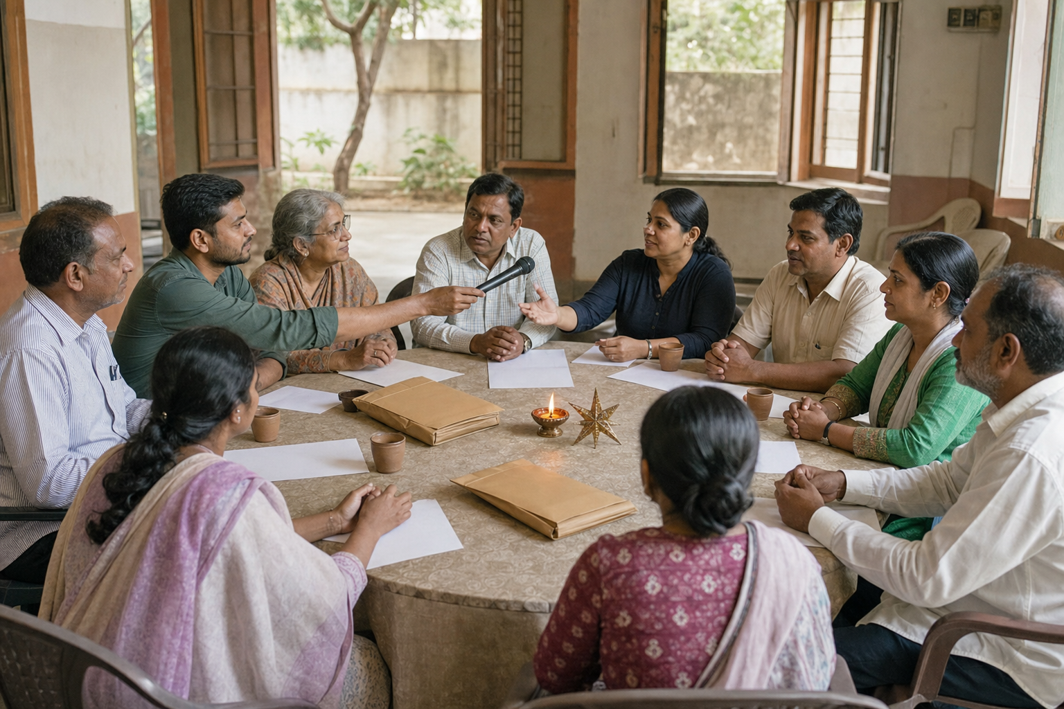 Community representatives, a police liaison, and a legal-aid volunteer listen to one another around a round table in a municipal hall.
