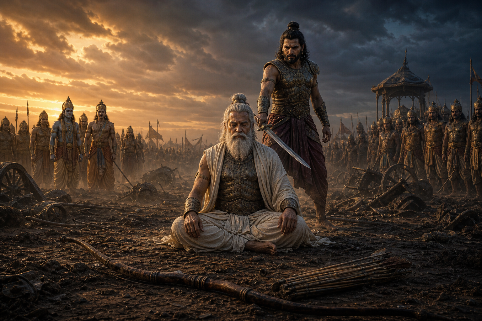 Drona sits unarmed in meditation on a battlefield as Dhrishtadyumna approaches with a sword and other warriors watch from a distance.