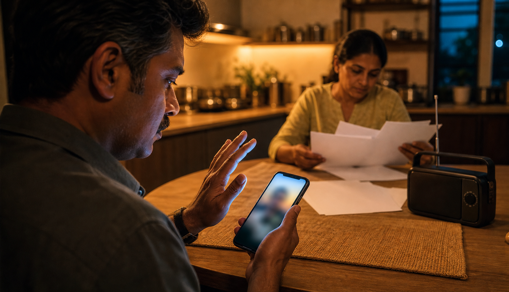 A person pauses over a smartphone while a family member checks blank documents at a kitchen table.