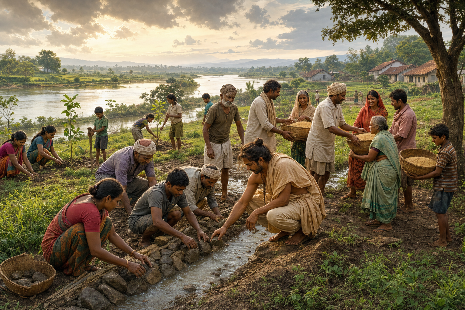 An ascetic and village residents repair an irrigation channel, distribute grain, and plant trees beside a river after the rains.