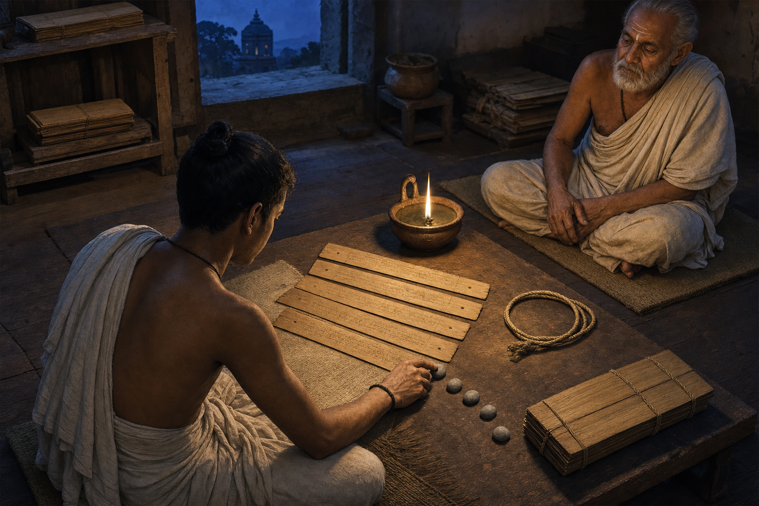 A student studies palm-leaf folios beside five unmarked stone counters while an older scholar observes.