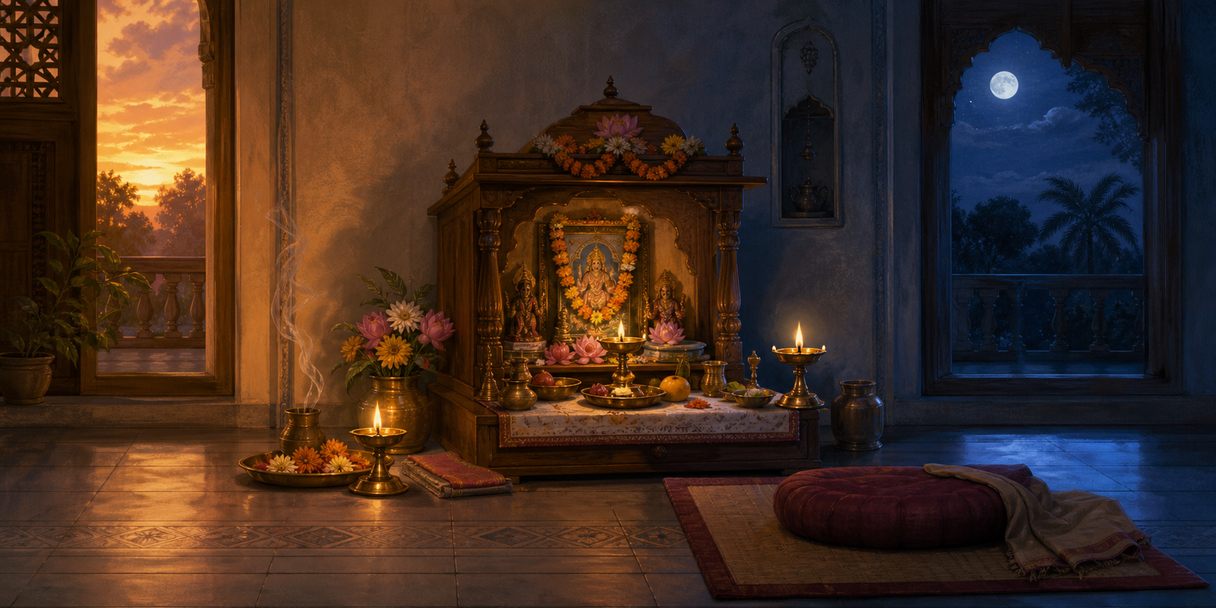 A continuous two-part view of the same home altar, first in warm twilight with offerings and then in blue night light with a lamp and meditation seat.