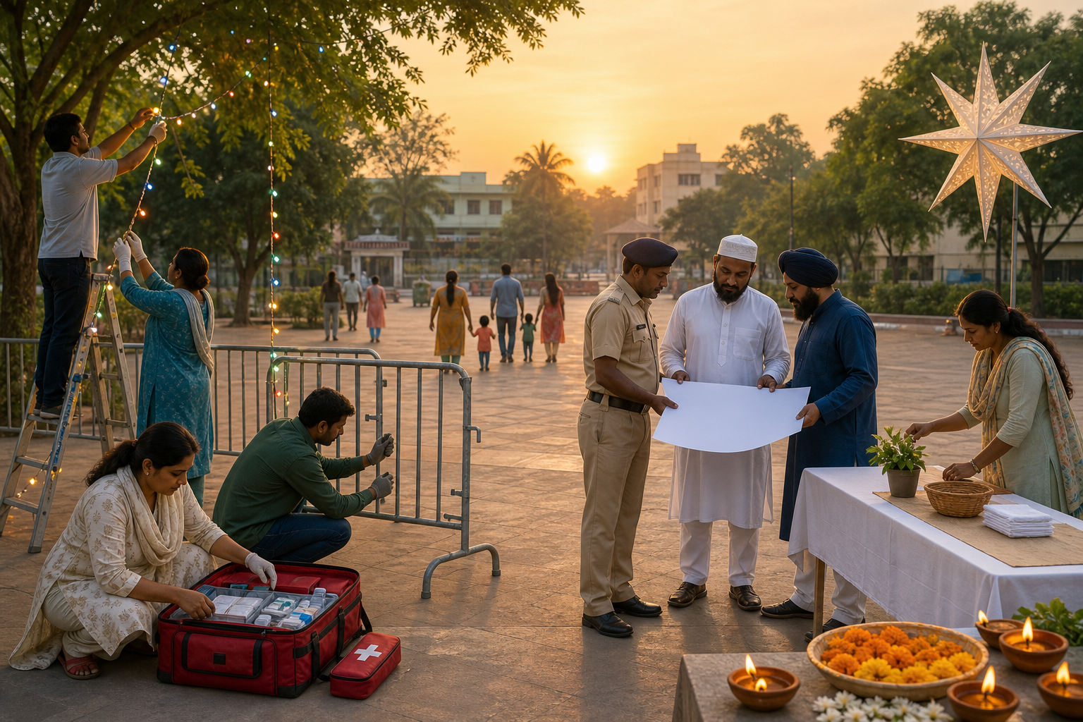 Local volunteers and community coordinators prepare a neighborhood square with festive decorations, safety supplies, and a blank site map.