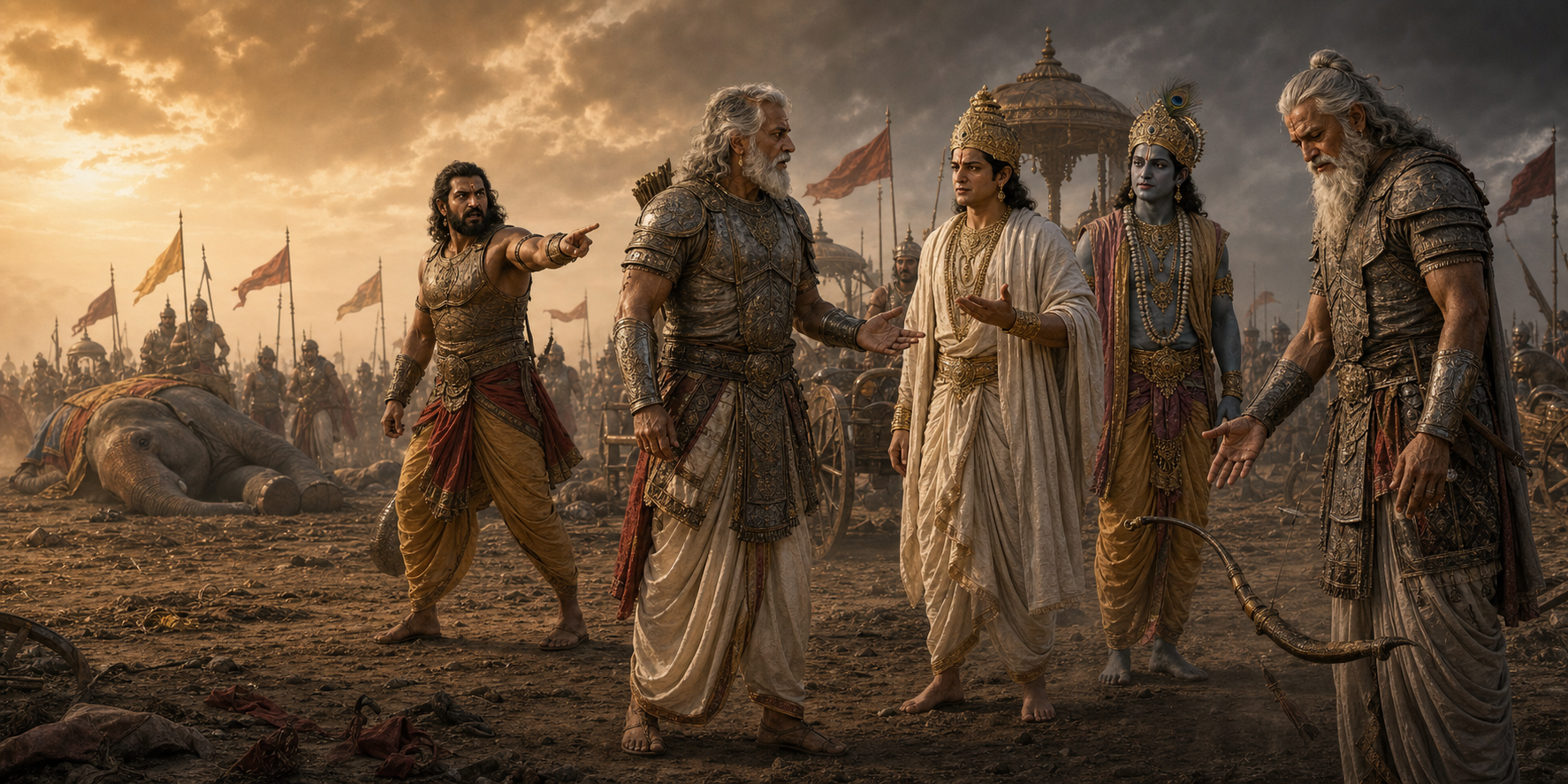 A battlefield tableau shows a fallen elephant, Bhima addressing Drona, Yudhishthira giving an answer, and Drona lowering his bow.