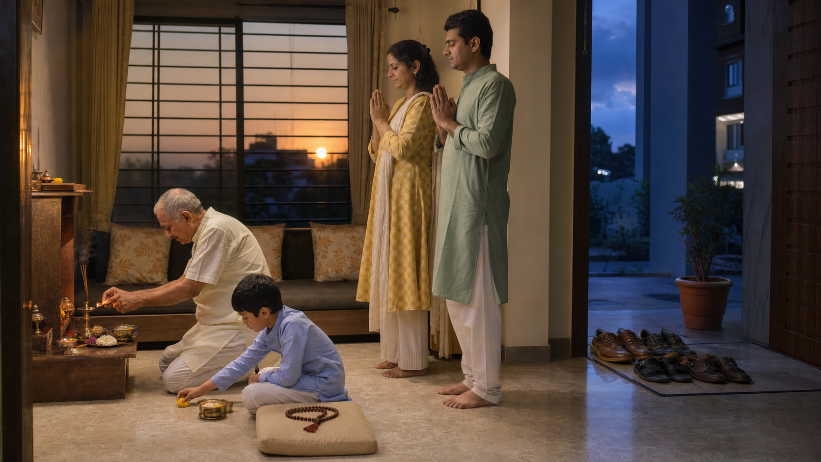 A multigenerational Indian family completes an evening prayer at a home altar as sunset gives way to blue twilight, with a prayer-bead mala and meditation cushion nearby.