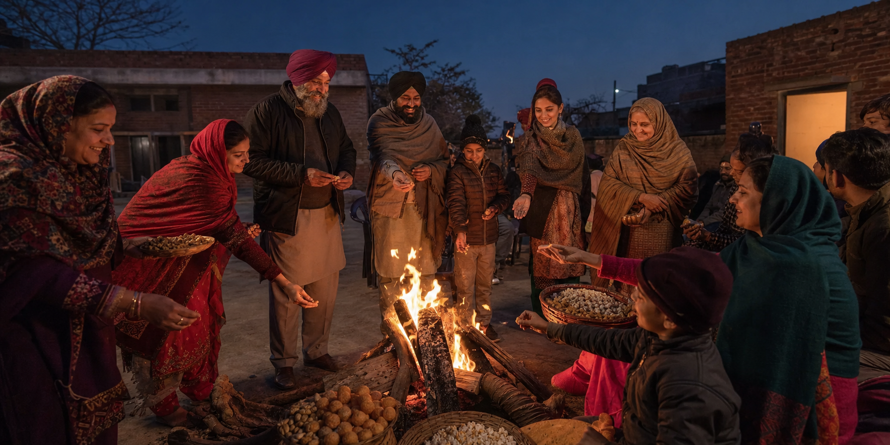 Multigenerational Punjabi families gather around a Lohri bonfire on a winter evening and offer sesame seeds, popcorn and peanuts to the flames.