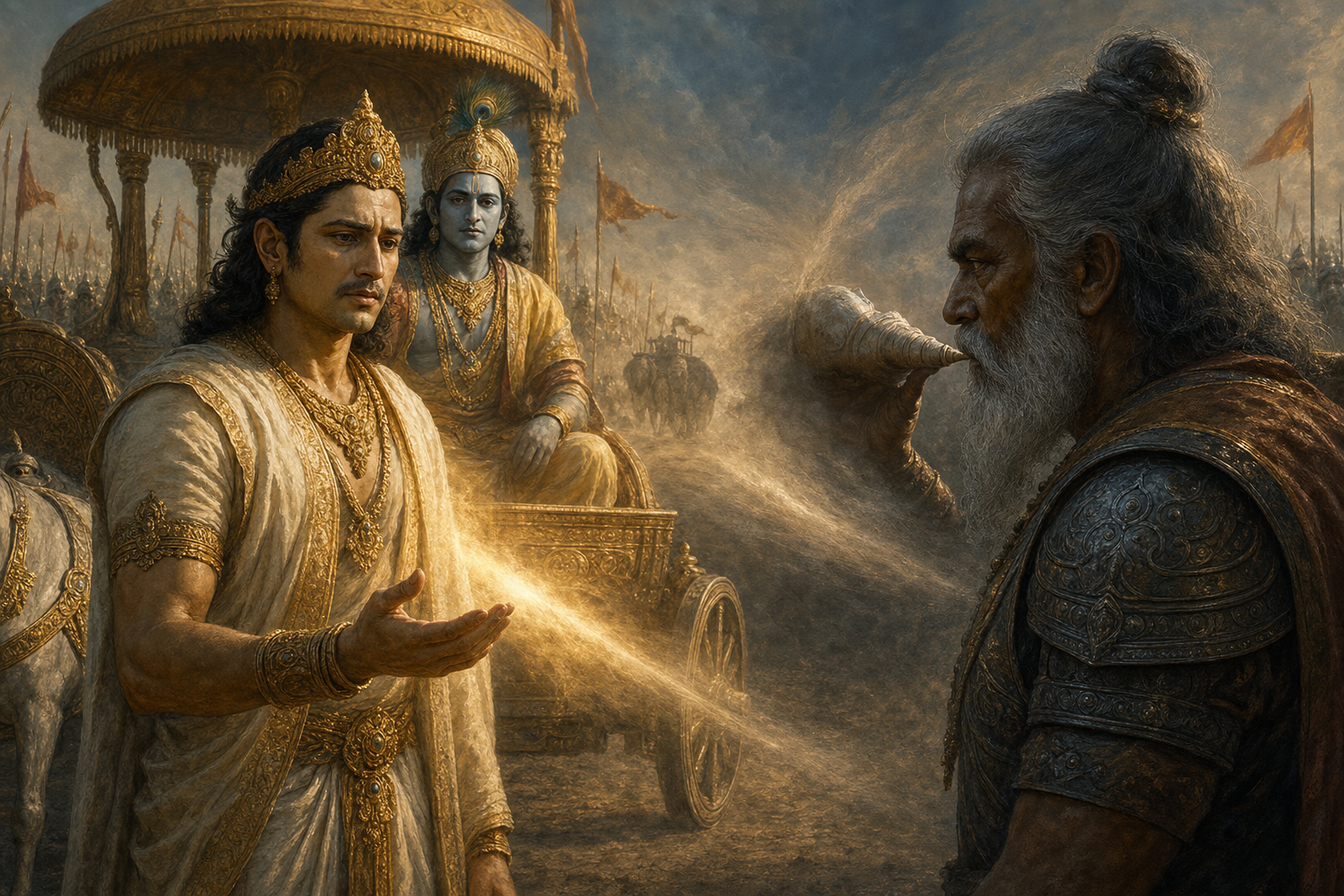 Yudhishthira speaks across a dusty battlefield to Drona while Krishna watches and a distant elephant is partly hidden in the haze.