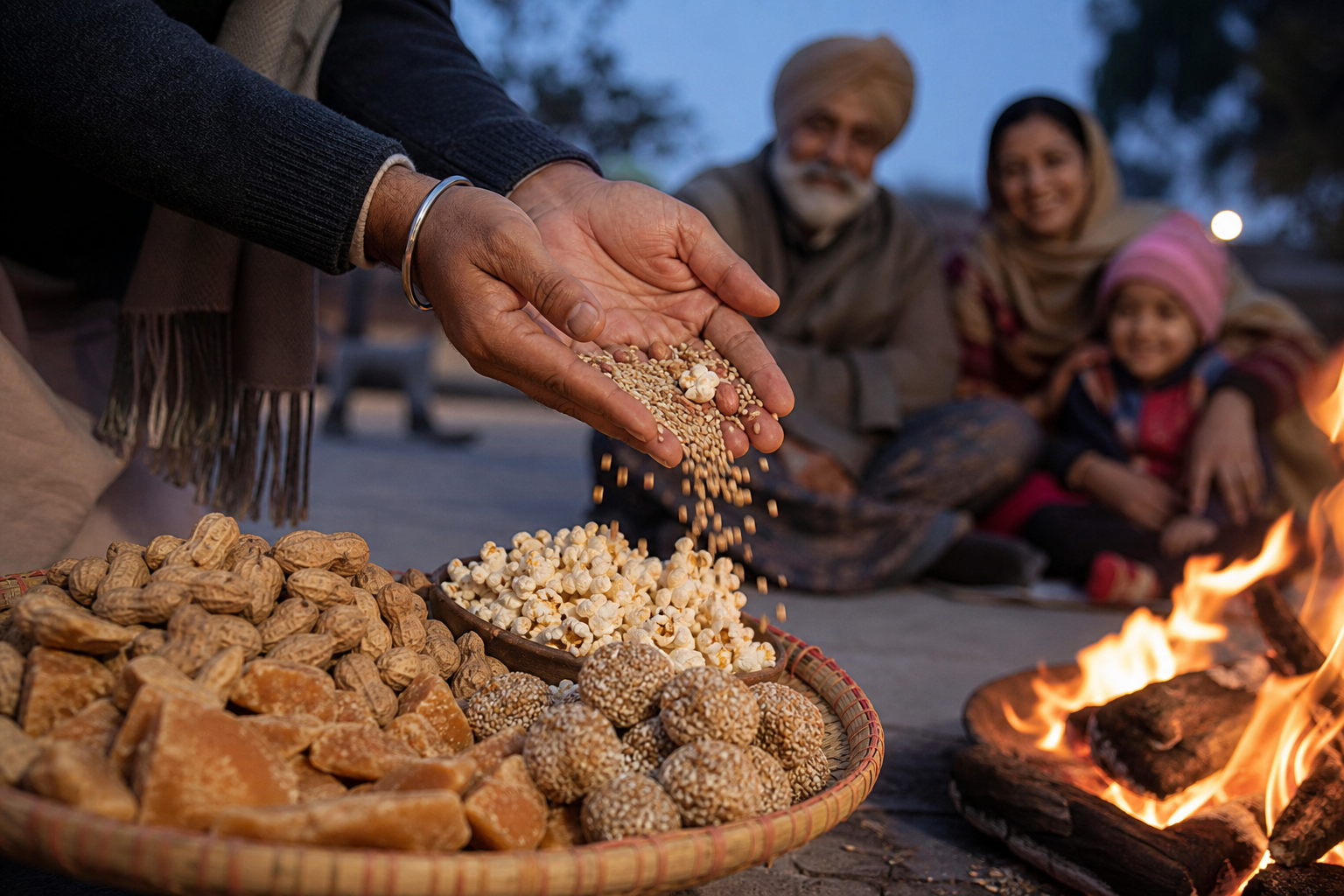 Hands offer sesame seeds, popcorn and peanuts beside a tray of jaggery and traditional Lohri foods near a bonfire.
