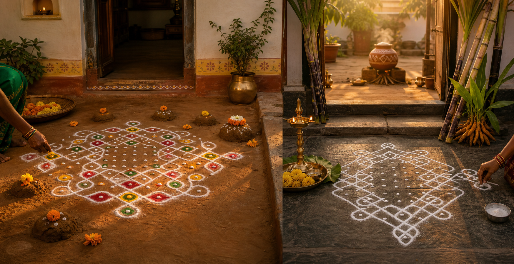 Two neighboring South Indian thresholds at dawn, one decorated with a colorful Sankranthi dot-grid muggu and gobbemmalu and the other with a white Pongal pulli kolam, sugarcane, a lamp, and a clay pot.