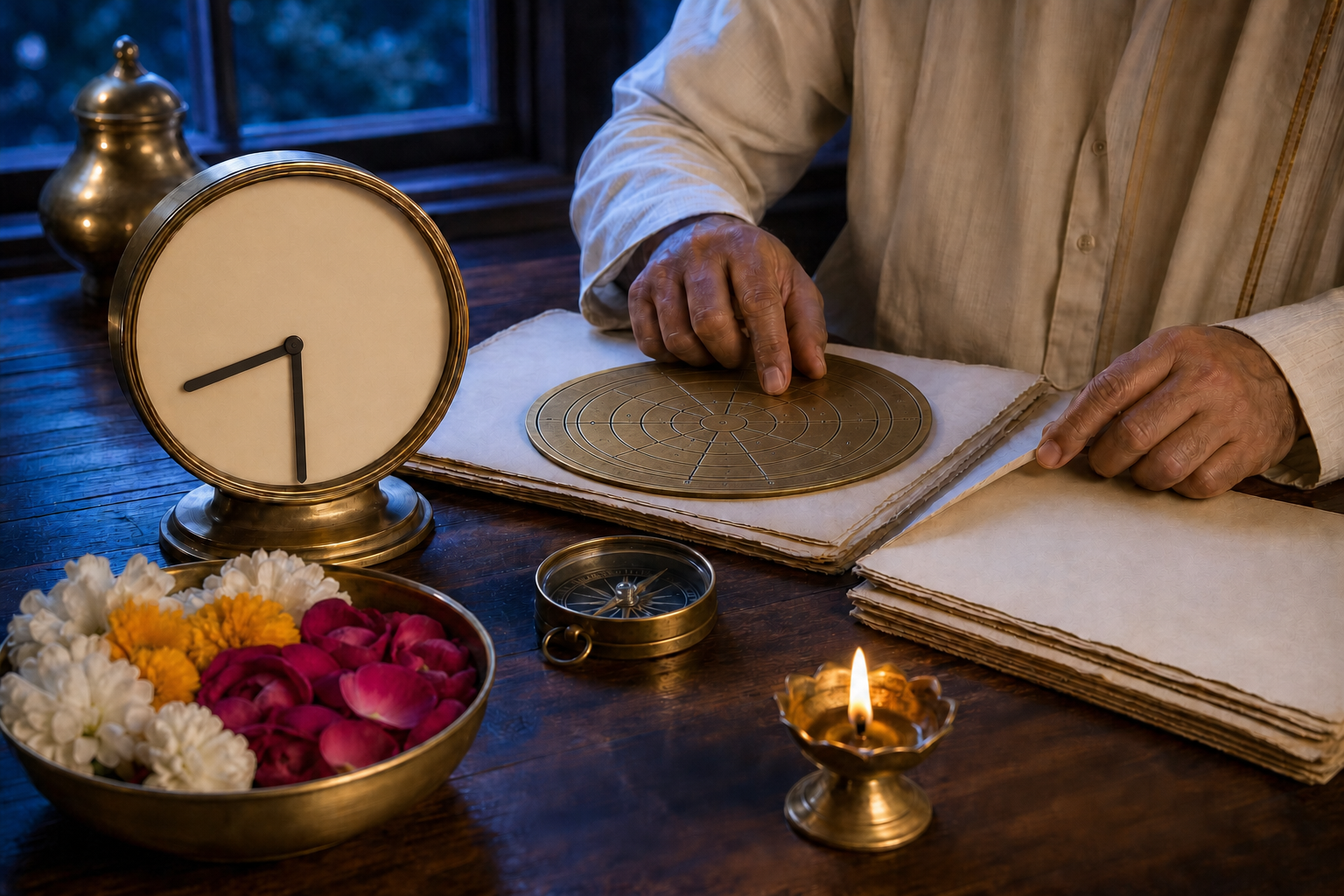 An unnumbered analog clock set near 8:29 sits beside folios, an astronomical instrument, a compass, a brass lamp, and flowers as a practitioner reviews several factors.