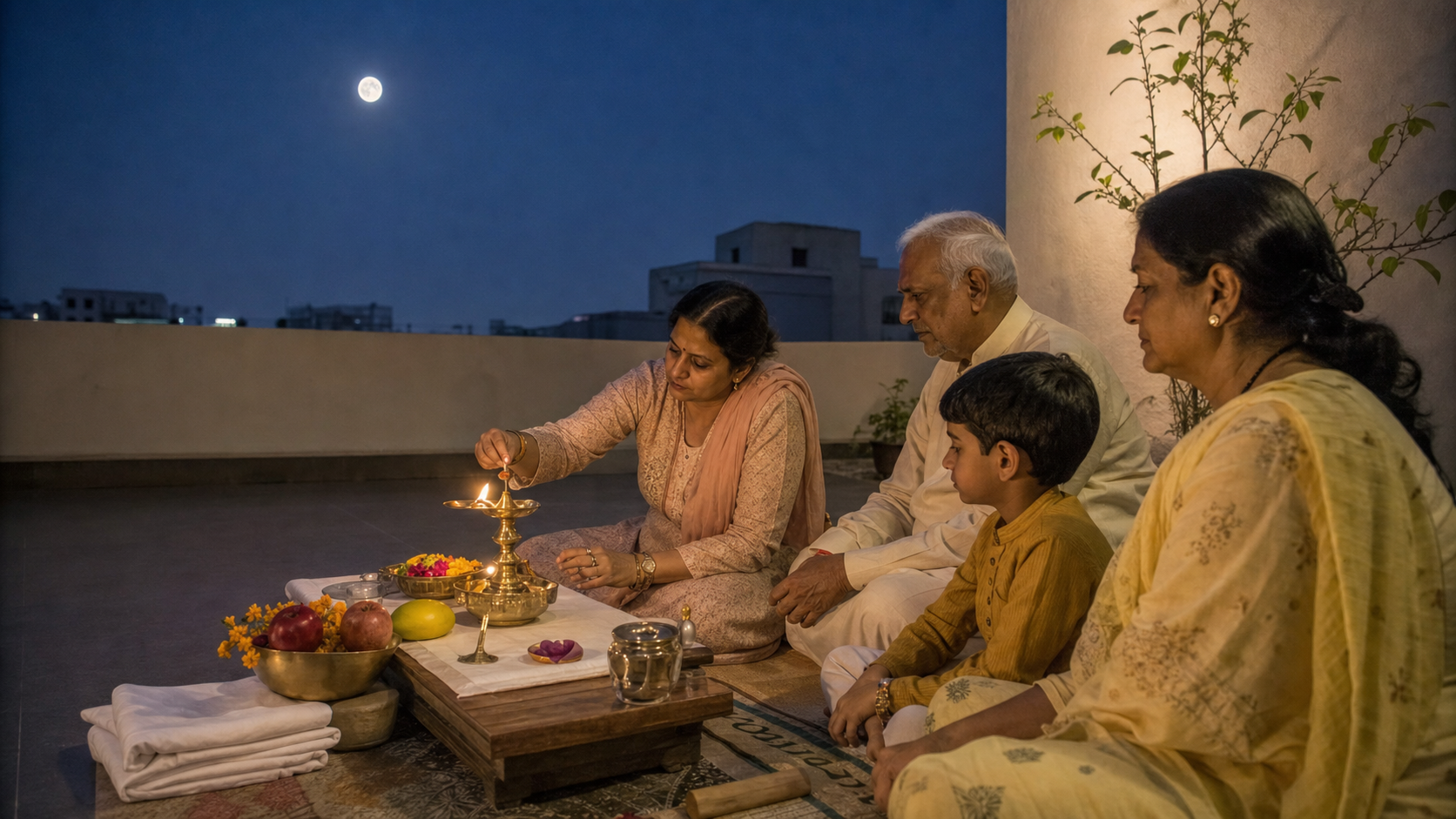 A family sits beside a small lamp, flowers, fruit, and water on a terrace under a full moon.