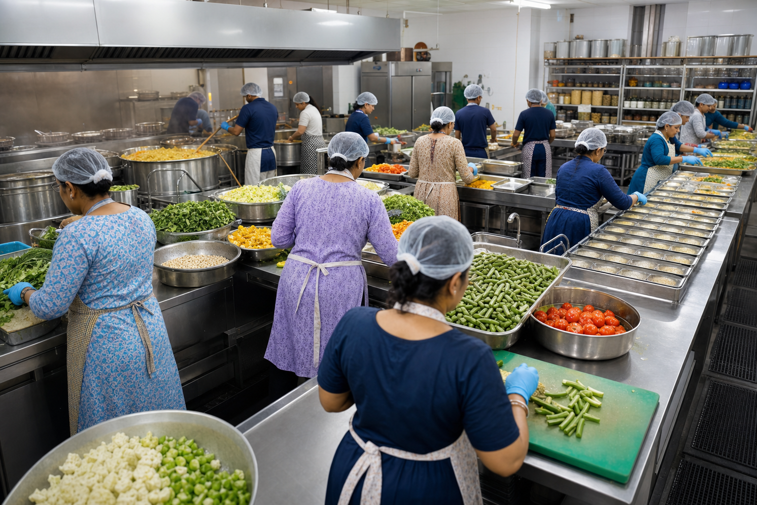 Volunteers prepare large batches of vegetarian prasadam at organised stations in a stainless-steel commercial temple kitchen.