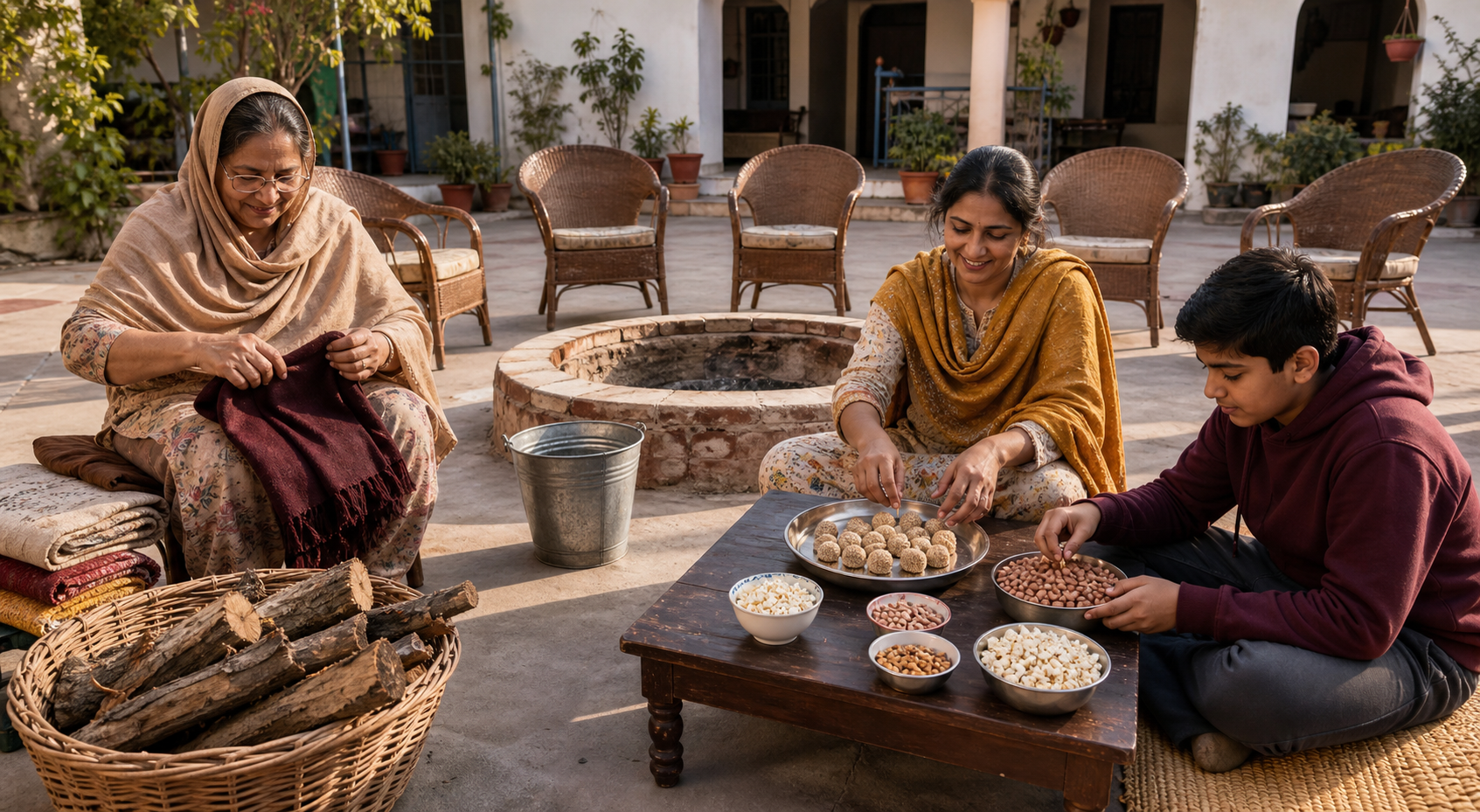 Three generations prepare bowls of peanuts, popcorn and sesame sweets beside a safely arranged Lohri courtyard fire pit.