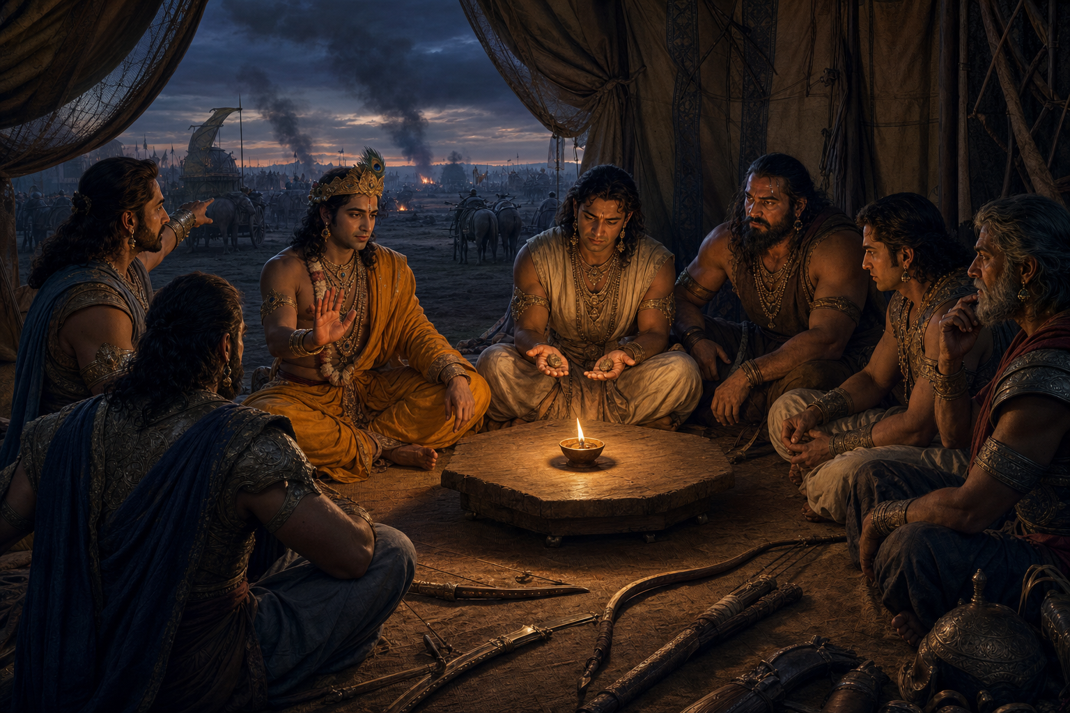 Ancient Indian commanders gather around an oil lamp to deliberate while weapons lie outside their circle and a battlefield is visible at dusk.