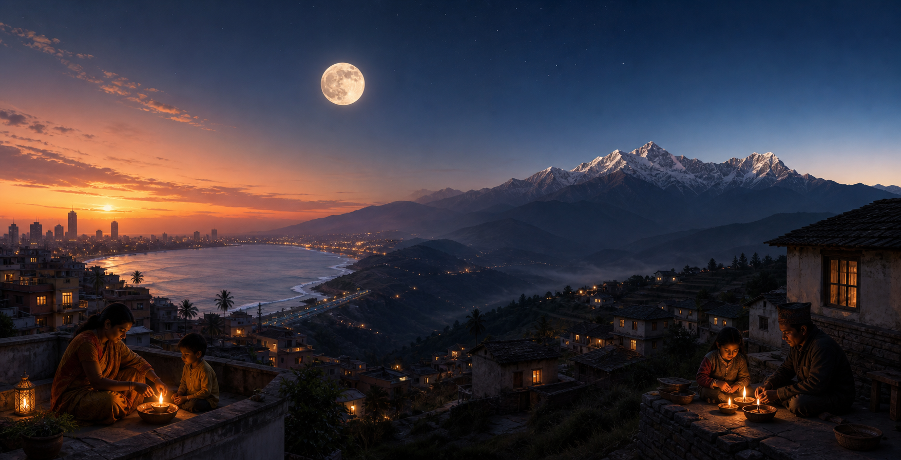 A full moon appears over a coastal city at twilight and a distant mountain town near dawn as households prepare lamps.