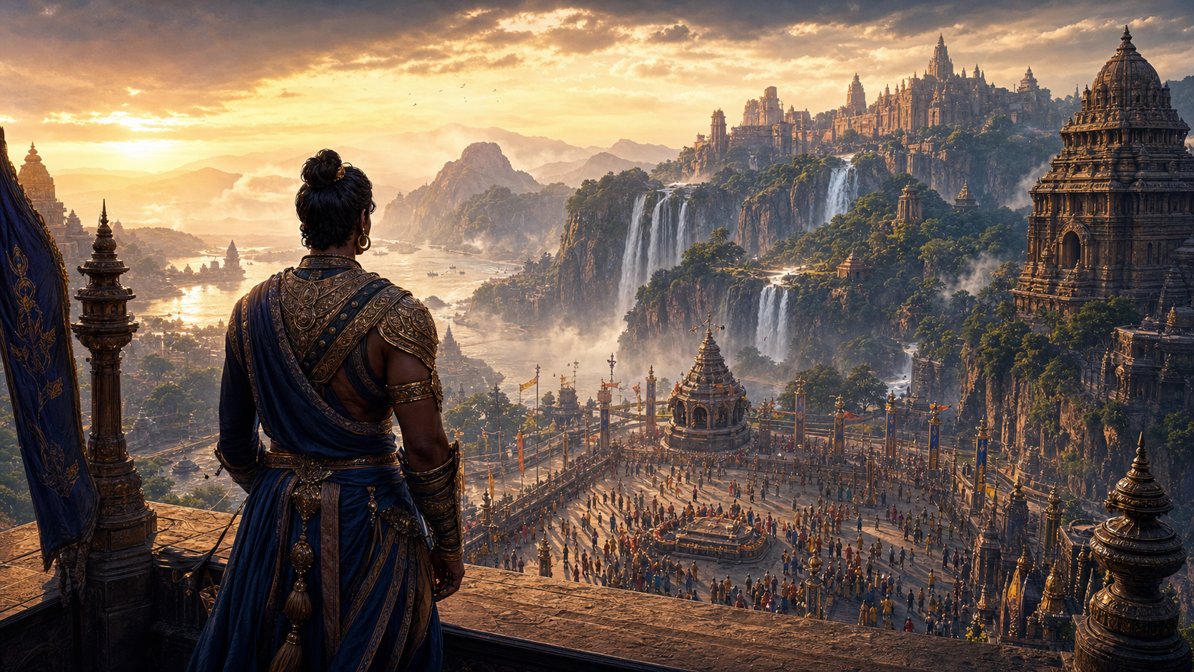 A fictional warrior-prince overlooks a river kingdom, waterfalls, temple towers, and a ceremonial gathering at sunrise.