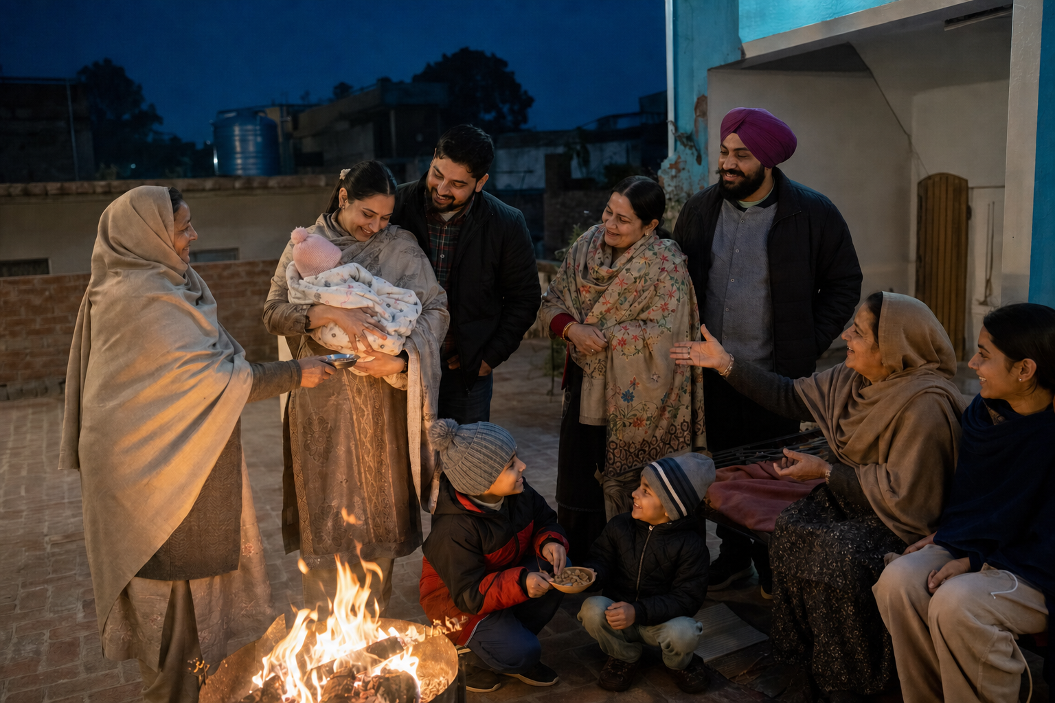 Neighbours welcome a family with an infant and share prasad with newly married adults and children beside a Lohri bonfire.