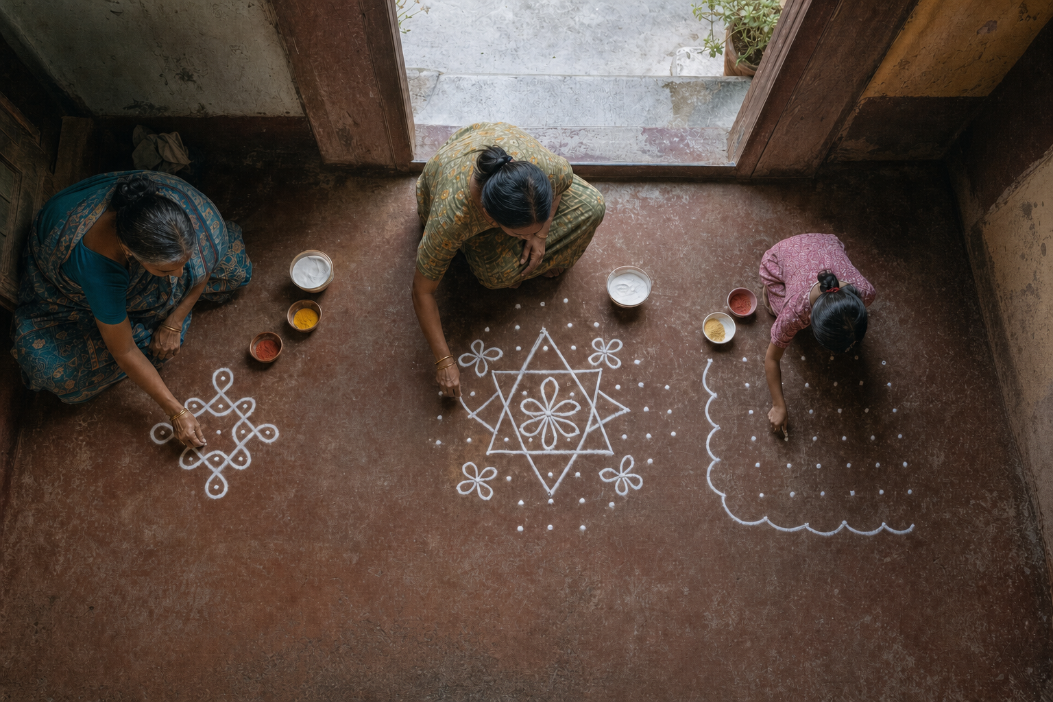 Three family members draw separate kolam and muggu patterns of different sizes and complexity on a home veranda using white and colored powders.