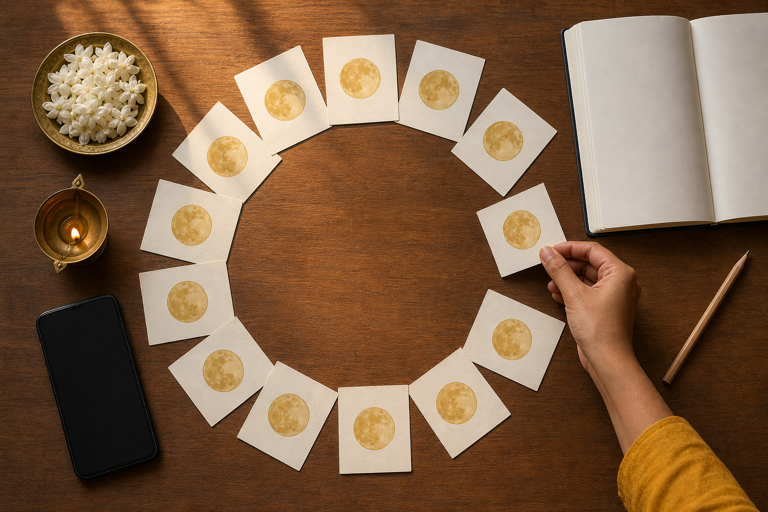 A hand arranges twelve moon-symbol cards beside a blank notebook, phone, lamp, and jasmine flowers.